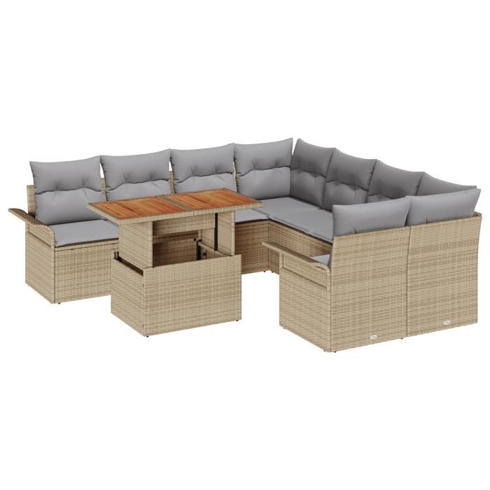 Ensemble de Canapé de Jardin 9 Pièces avec Coussins en Rotin Poly Beige, Canapé de Jardin 2 Places avec Rangement &amp; Coussins 3358051