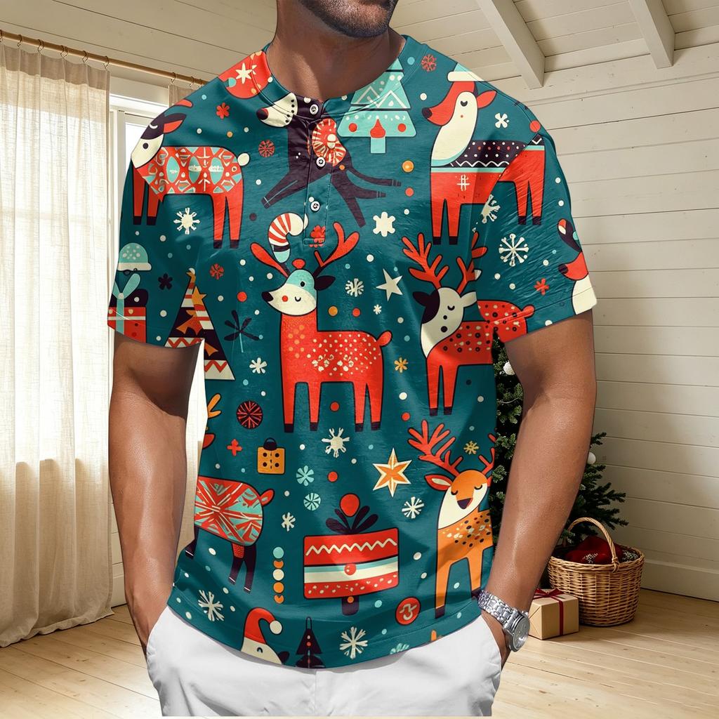 Men's Quick-Dry Neck Short Sleeve T-Shirt with Christmas Print