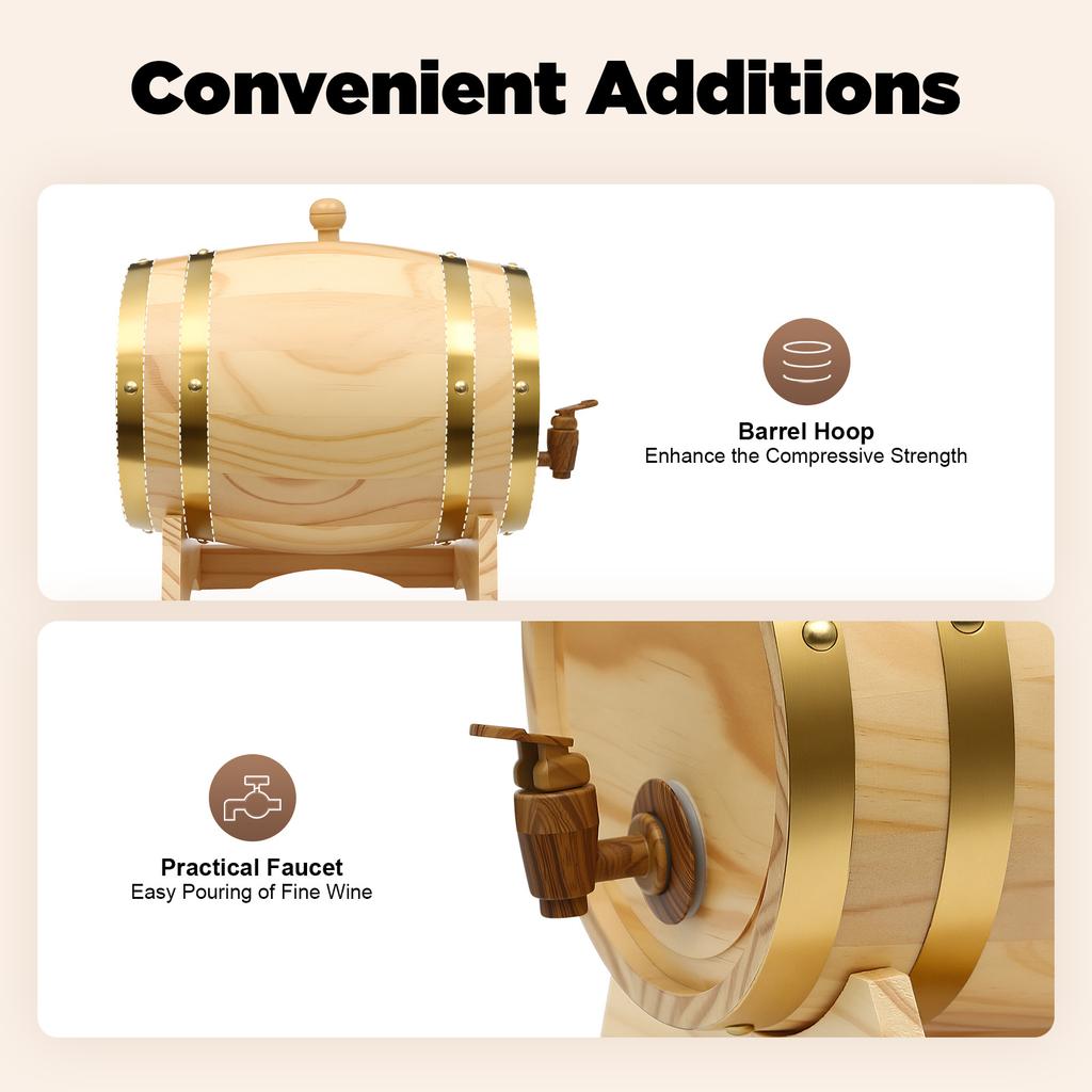 5L Pine Wood Whiskey/Beer Fermentation Barrel | Hand-Crafted Natural Wood Grain Design, Wine Storage & Party Dispensing Durable Pine Wood Construction