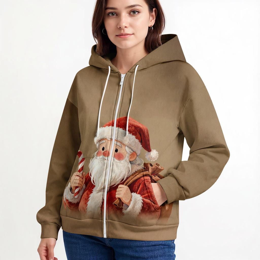 Dámská ležérní módní pletená mikina s kapucí na zip s dlouhým rukávem a vánočním potiskem