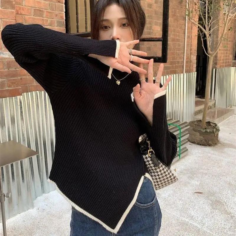 

Осень-зима Высокий воротник-стойка свитер водолазка с боковыми разрезами пуловер женский стиль топ самосовершенствование свитер рукав тонкий сексуальный короткий свитер XL чёрный