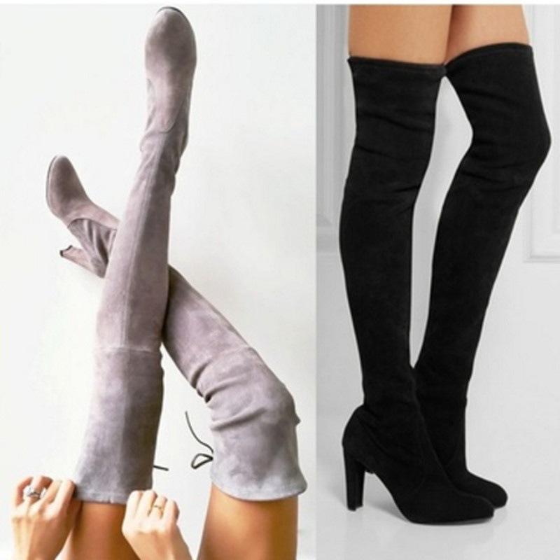 New European & American Over-the-Knee High Heel Boots – Thick Heels, Plus Sizes Available