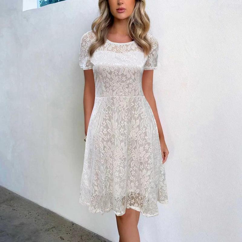 

Модное женское платье с круглым вырезом и коротким рукавом, плиссированное кружевное, тонкое S белый