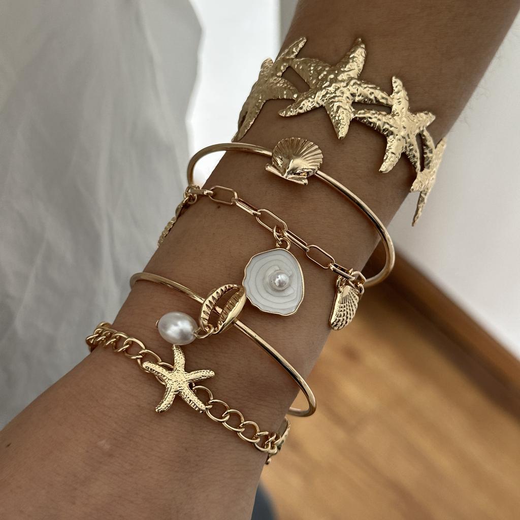 Vintage Reiskörner Stapelbare Armbänder Set für Damen Sommer Seestern Muschel Elastische Armbänder Charms Urlaub Reise Party Schmuck