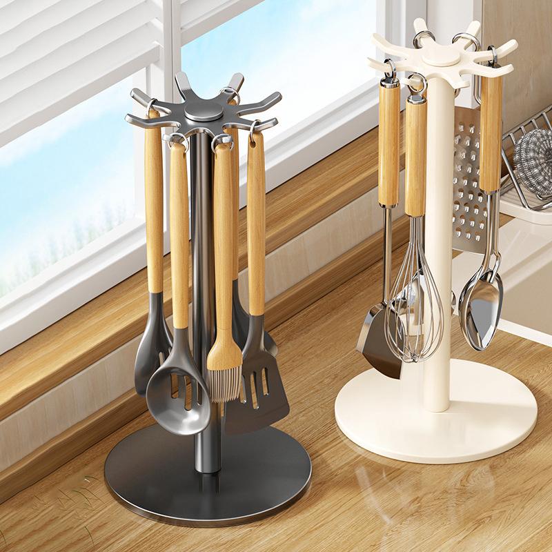 Kitchen Utensil Stand: Rotating Storage Hanger With 8 Hooks,for Countertop Organization Rotatable Cooking Utensils Holder
