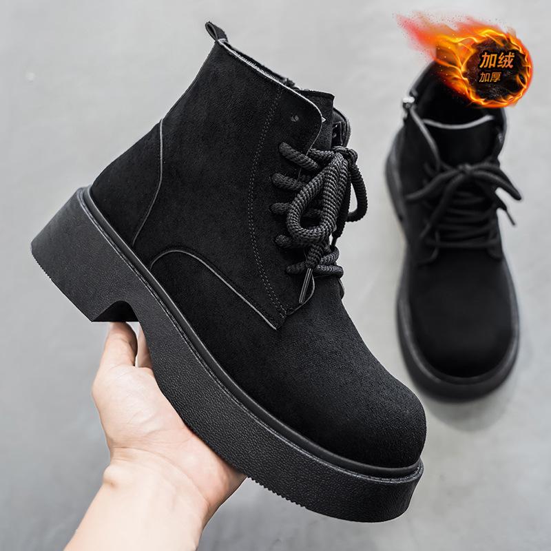 Men's shoes, new fleece warm cotton shoes, high-top leather shoes, British style platform soles, anti-slip heightened Martin boots
