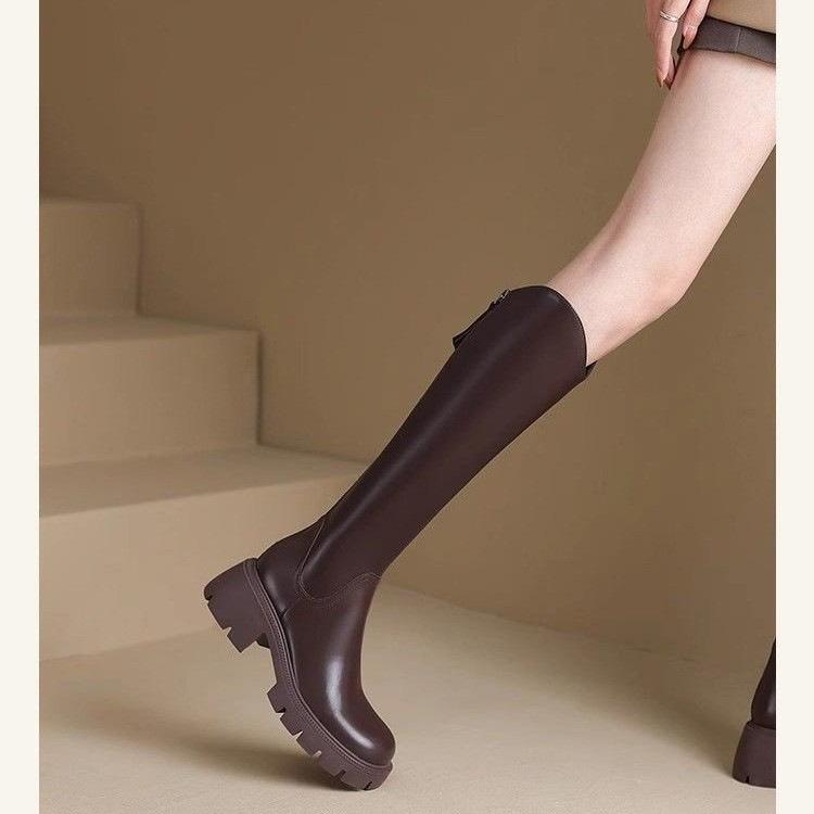 Long Boots, Real Soft Leather V-mouth New Women's Autumn and Winter Velvet Brown Heightened Thick-soled High Tube Versatile Knight Boots