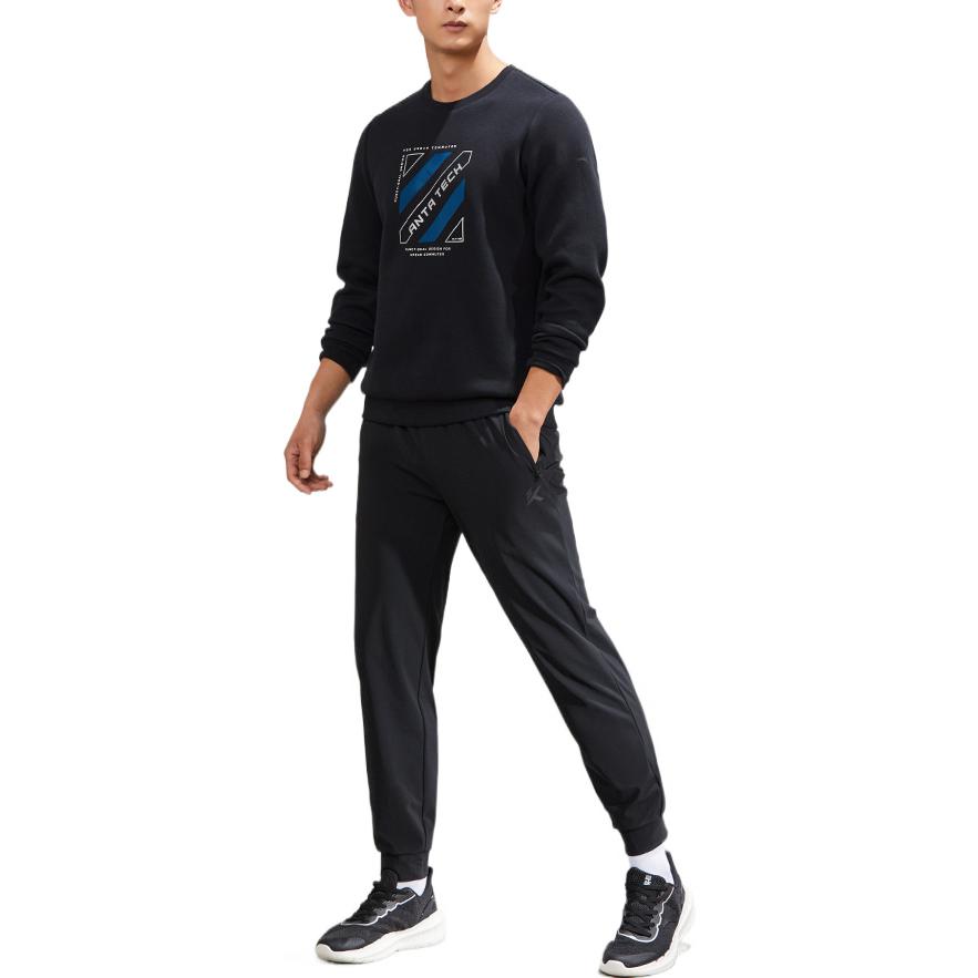 Anta Letter Print Patch Pullover Crew Neck Sweatshirt Unisex Tops Black 152237737-4