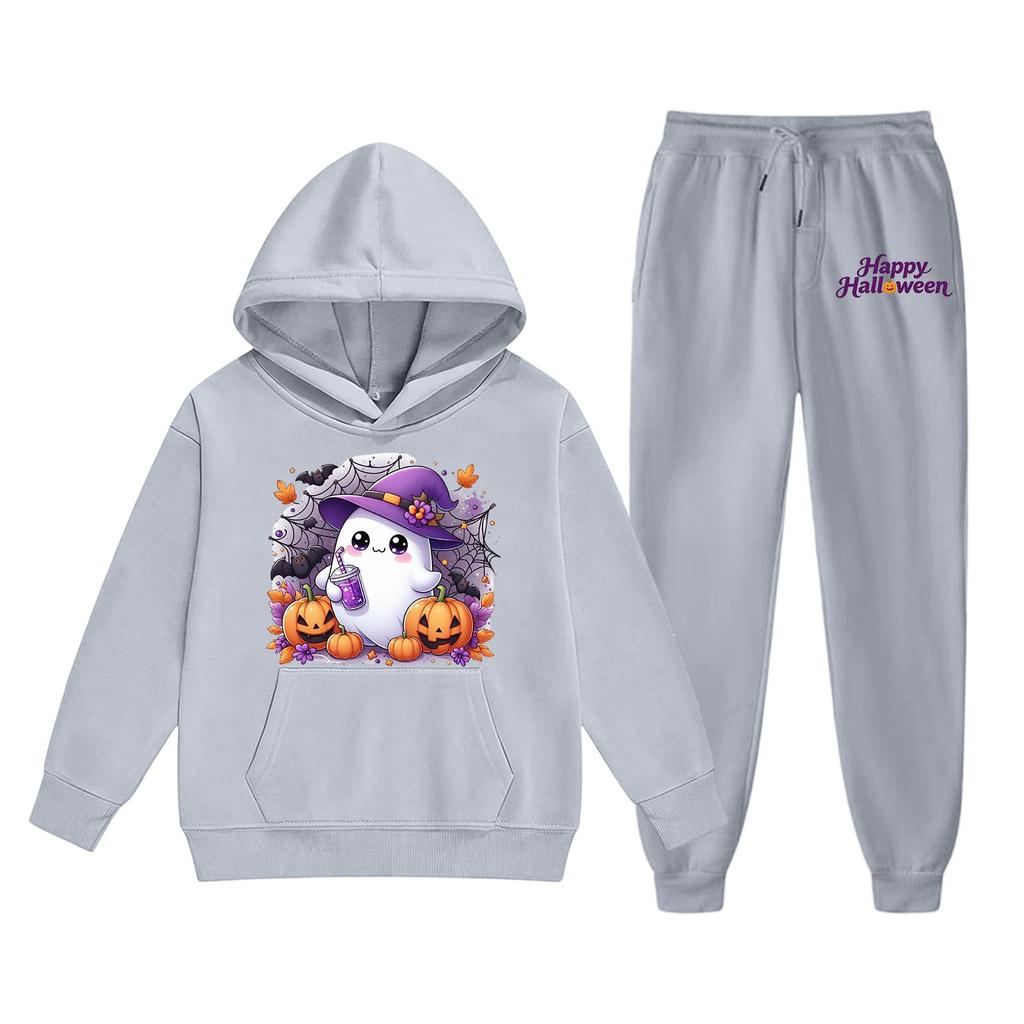 Kids Halloween Hoodie and Sweatpants Set Cute Ghost Print Pullover Hooded Sweatshirt and Matching Bottoms for Children Soft Comfortable Outfit