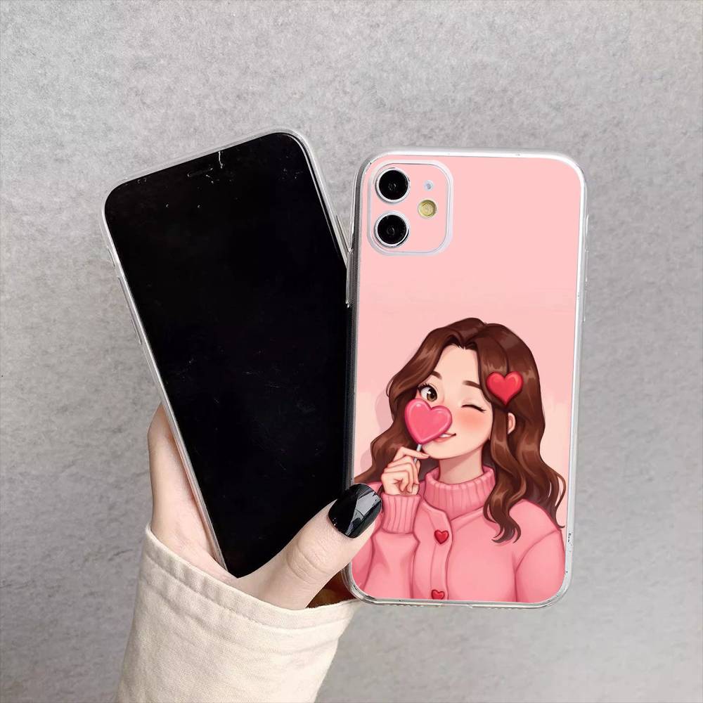 Cartoon Girl Pattern Phone Case For iPhone17,16,15,14,13,12,11 Plus,Pro Max Soft Transparent Cover