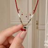 Naszyjnik z wisiorkiem wiśniowym, Podwójny delikatny naszyjnik, Cienki łańcuszek choker, Naszyjnik z czerwonym koralikiem słodka wiśnia, Biżuteria prezent dla kobiet dziewcząt