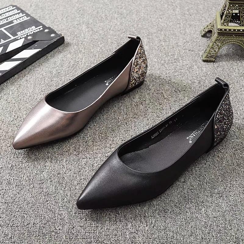 Fashion Temperament Woman Shoes Women's Pointed Flat Leather Shoe Simple Versatile Women Sequined Mary Jane Shoes