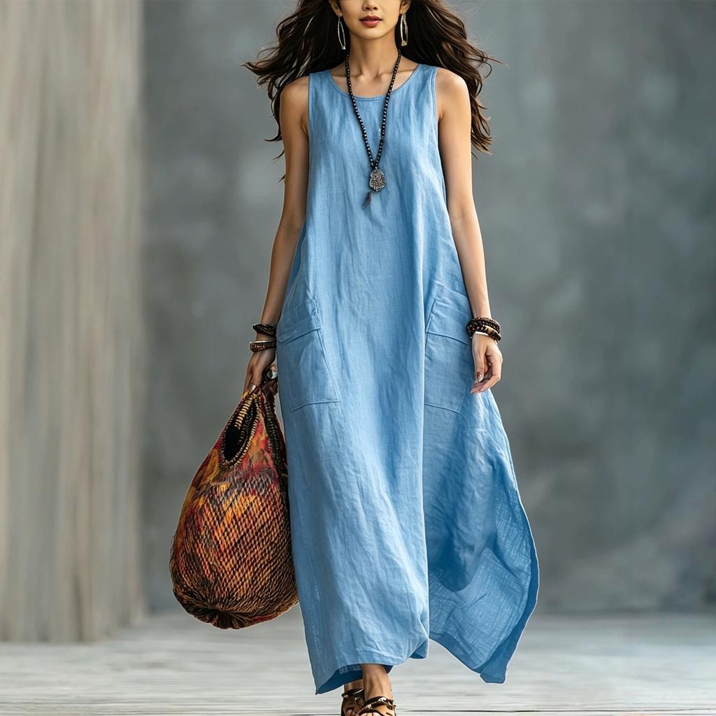 Women Sleeveless Loose Fit Vintage Style Dress Two Pockets Casual Long Maxi Dress Lightweight Summer Dress