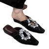 Sheepskin Version~ French Square Head Sequined Cool Slippers One Pedal Heel Temperament Silver Bag Head Half Slippers Women