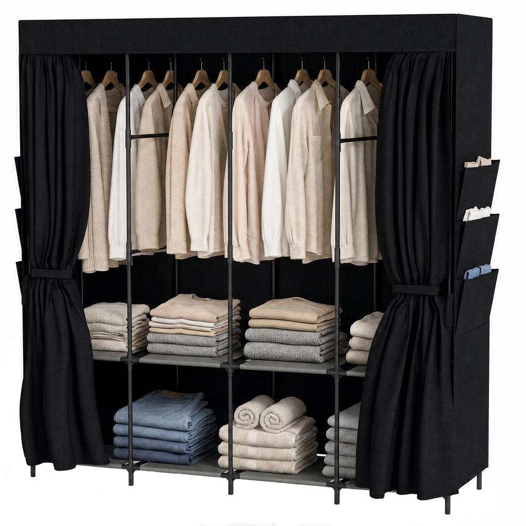 Fabric Wardrobe Dustproof Portable 5 Clothes Rods 170 X 45 X 167 Cm Black