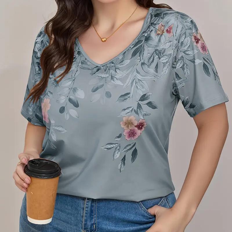 

Fashion Flower Painting Blouses Short Sleeved V-Neck T Shirts Casual XS сірий