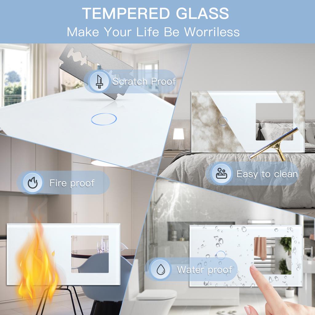 BSEED 1/2/3Gang Touch Light Switch With Power Socket 1Way Double EU Wall Sockets Dual Plug 16A Glass Panel Blue Backlight White
