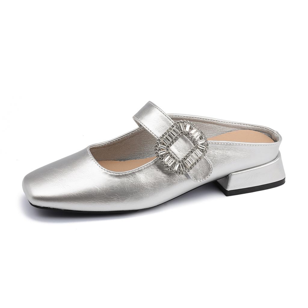 Grape Mother Sparkling Diamond Buckle Small Square Head Width Word with Commuting Versatile Low Heel Temperament Half Drag Women's Bag Head Lazy Shoes