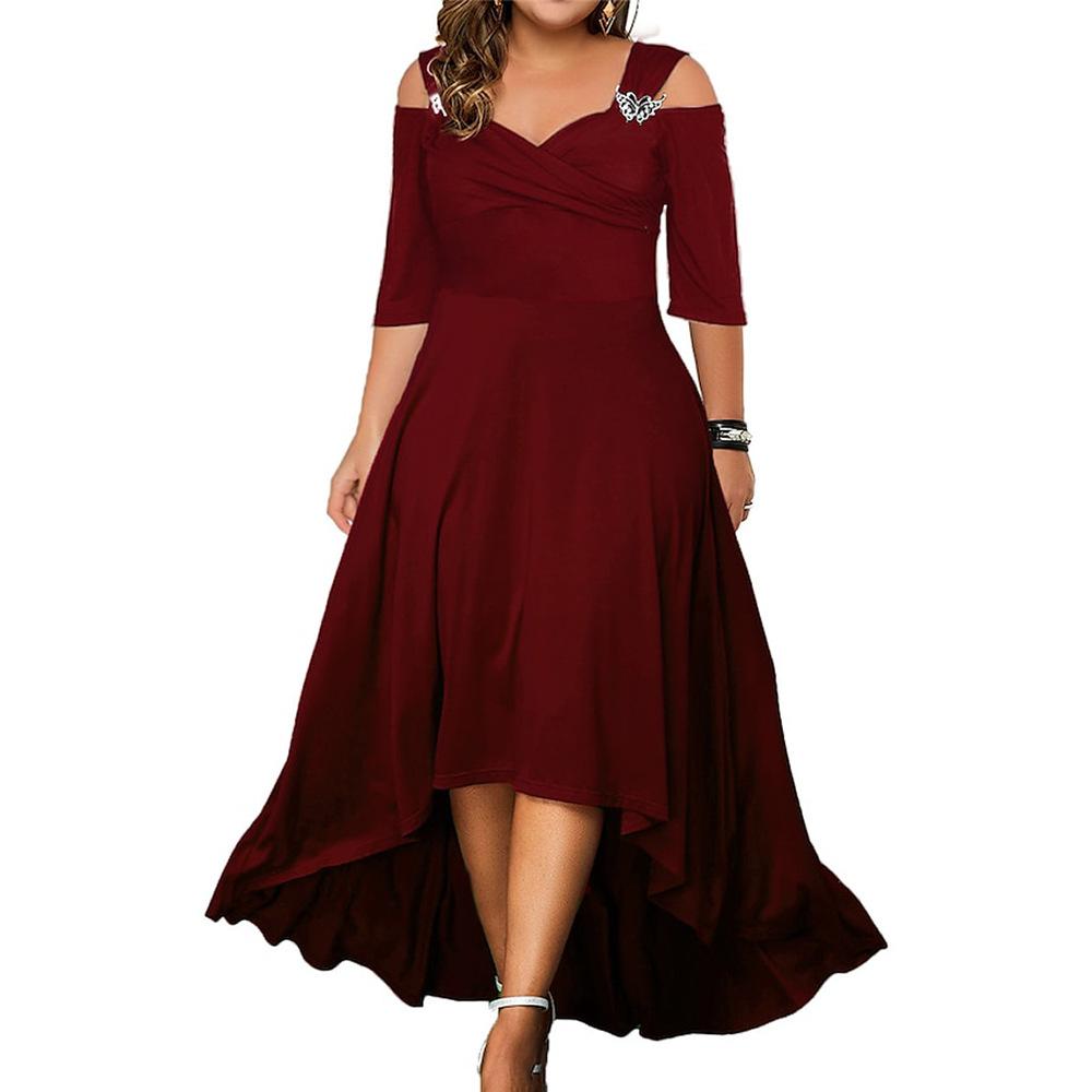 Plus Size Dame Sommer V-hals Off Shoulder Midi Kjole Dame Elegant Festkjole Svingkjoler Aftenkjole