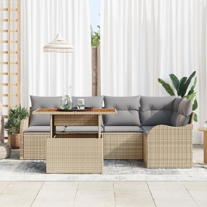 Ensemble de Canapés de Jardin 6 Pièces avec Coussins Beige Rattan Poly, Canapé de Jardin 2 Places avec Rangement &amp; Coussins 3358198