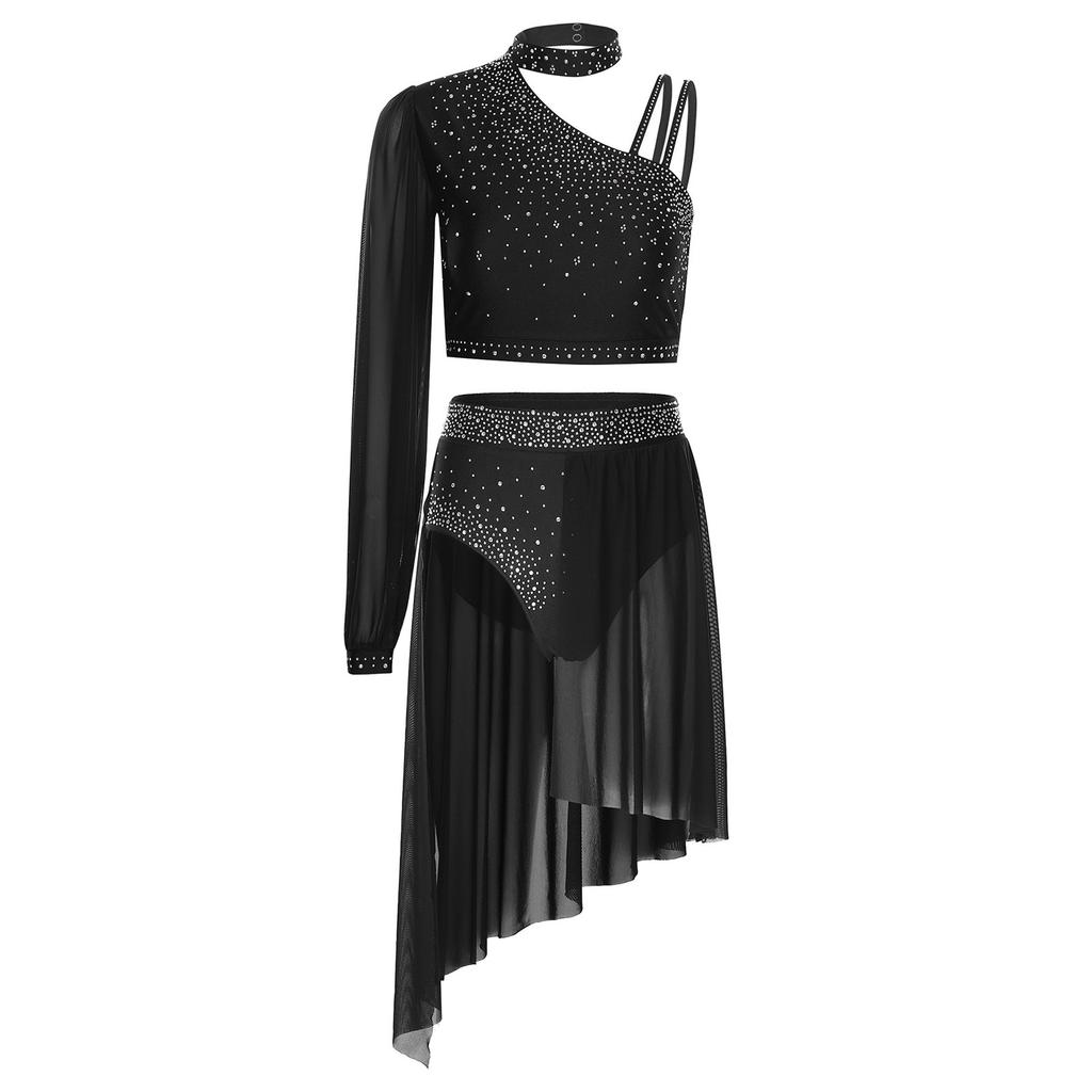 Dames Lyrische Dans Outfit Glanzend Strass Asymmetrische Crop Top Hoge Taille Slipje Korte Broek Chiffon Rok Kostuum