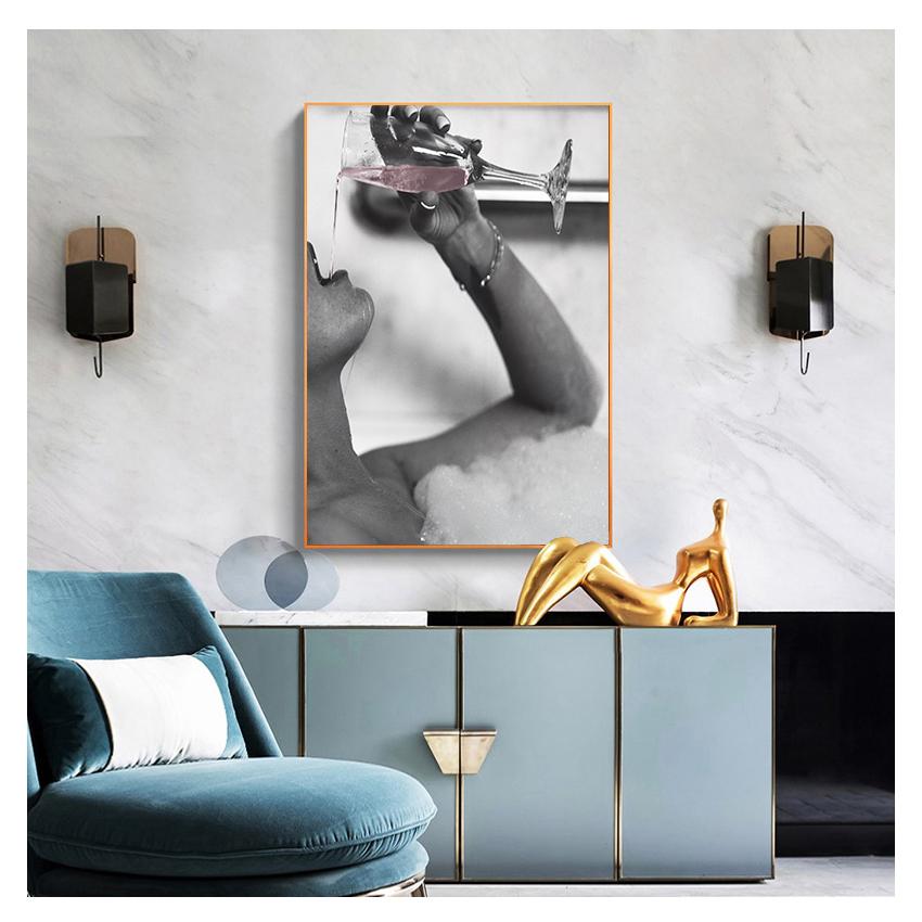 In Bubble Bath Canvas Prints Modern Painting on The Wall Picture Poster for Bathroom Decor Fashion Woman Drinking Rose Champagne