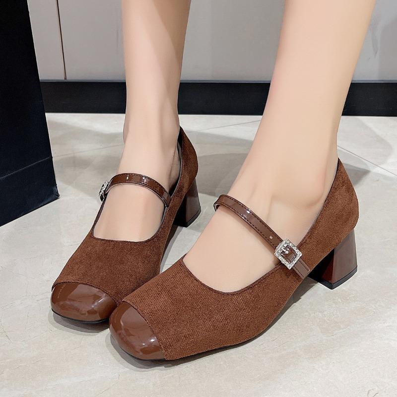 Fashion Women Spring Luxury Mary Jane Shoes Autumn Fashion Square Toe Shallow Ladies Elegant Dress Single Leather Shoes Square Heel Pump