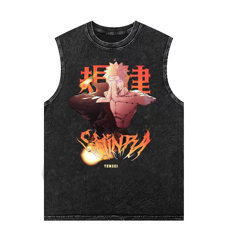 Anime Print Vintage Washed Short-Sleeved Vest Trendy Loose Round-neck Men Women Sleeveless T-shirt  Unisex Tank Top