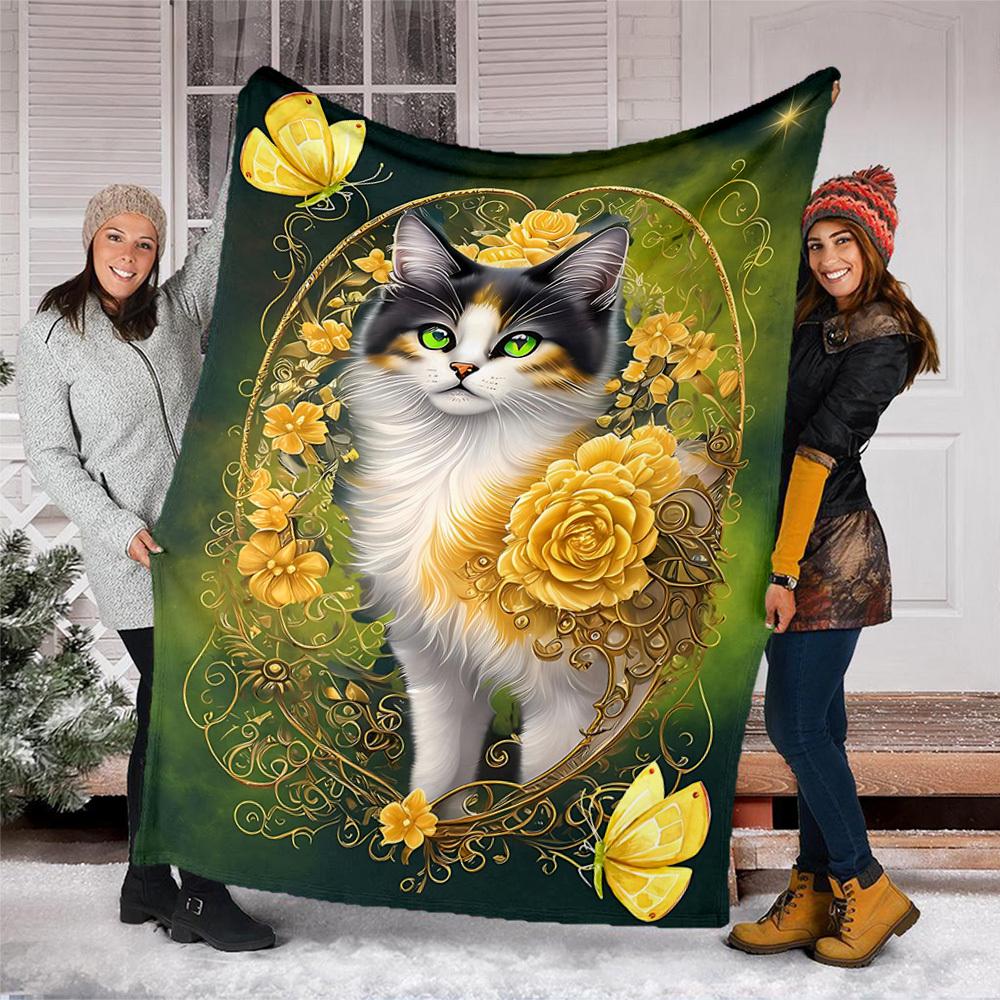 1pc Cat, Flowers Outdoor Personalized Flannel Blanket, Soft, Lightweight Personalized Flannel Blanket, Digital Printing,