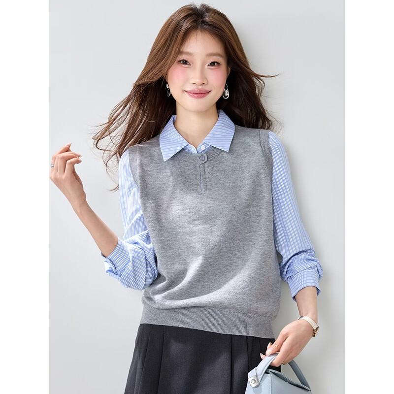 La Chapelle Women's Striped Faux Two-Piece Polo Collar Long Sleeve T-Shirt