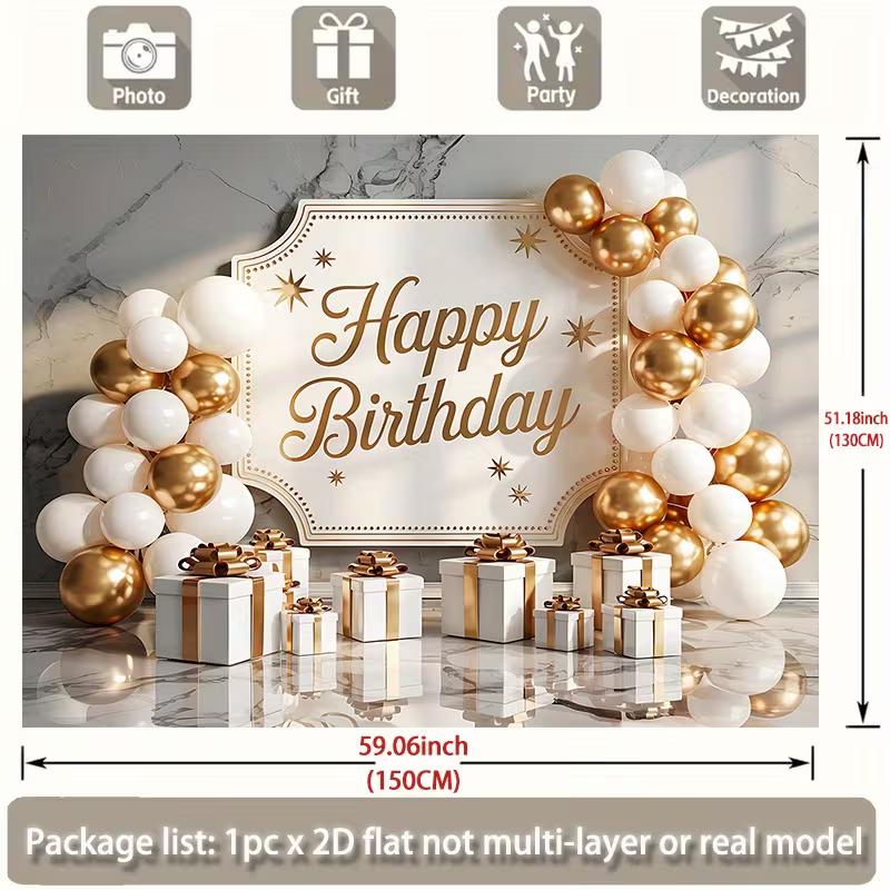 2D "Happy Birthday" Backdrop with White Gold Balloons, Gifts & Marble Background