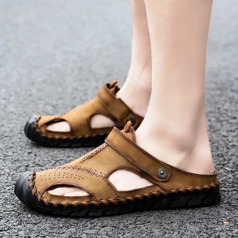 Fashion Male Slipper Slides Flat Genuine Leathe Beach Men's Shoe Rubber Clappers 2025 Y2k Fun Casual Comfortable Low Price Elegant Style