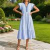 Abito Midi a Strisce da Donna Manica a Sbuffo a Cappuccio Scollo a V Svasato Lungo Abito Estivo per Vacanze al Mare Abito a Sbuffo Fluttuante