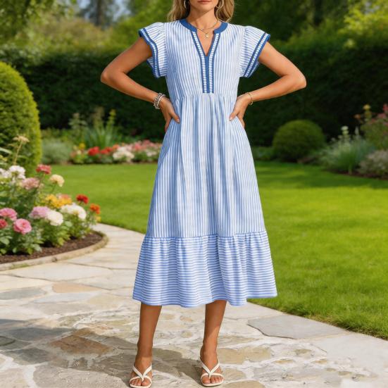 Abito Midi a Strisce da Donna Manica a Sbuffo a Cappuccio Scollo a V Svasato Lungo Abito Estivo per Vacanze al Mare Abito a Sbuffo Fluttuante