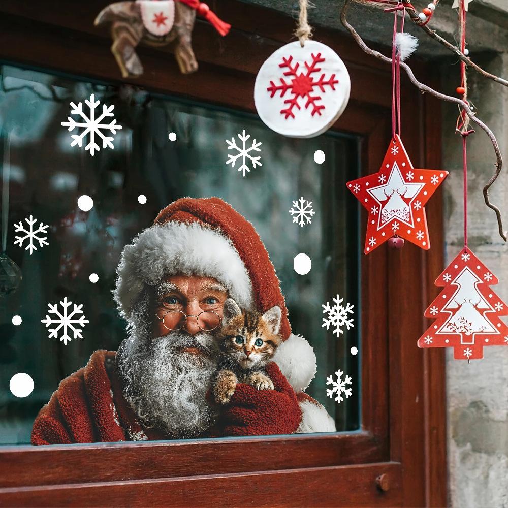 Creative Simulation Santa Claus, Cat and Snowflake Home Glass Door and Window Decoration Stickers