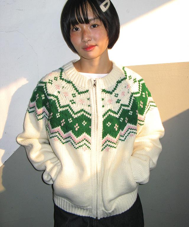 RONRON Nordic Fair Isle Cowichan Knit Zip Up Ivory