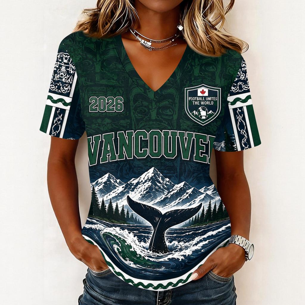 Women's Casual Short Sleeve V-Neck T-Shirt with Soccer Flag Print for Day Fan Wear