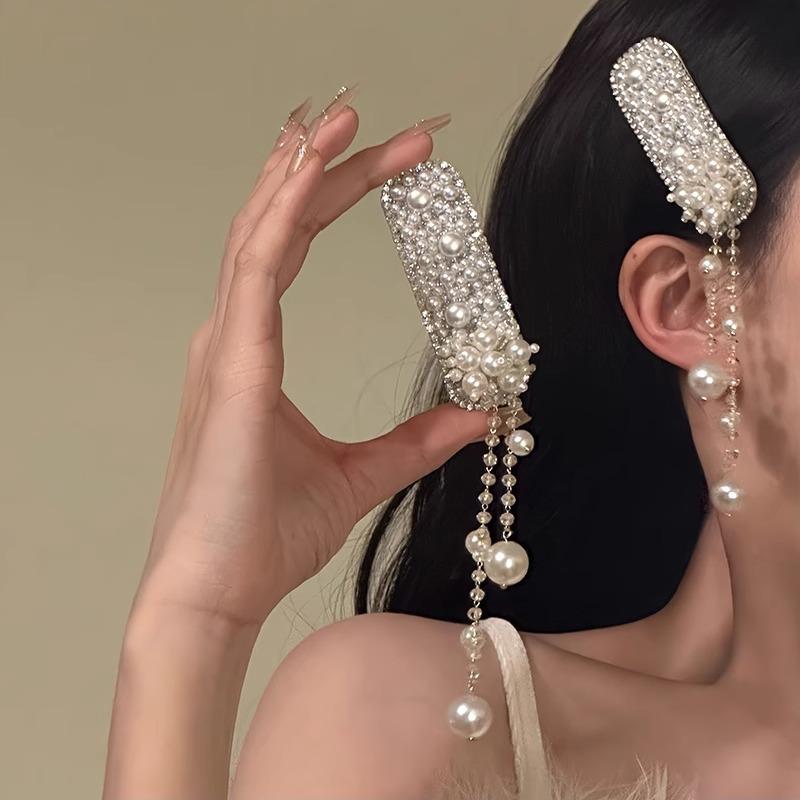 Elegant Pearl Tassel Hair Clips Women's Minority Ethnic Style Hair Accessories Full Diamond Side Clip Headwear