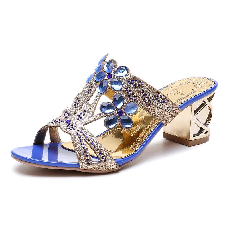 Ew Summer Style Fashionable, Comfortable, Versatile, Wear-resistant and Elegant Rhinestone Casual High-heeled Slippers