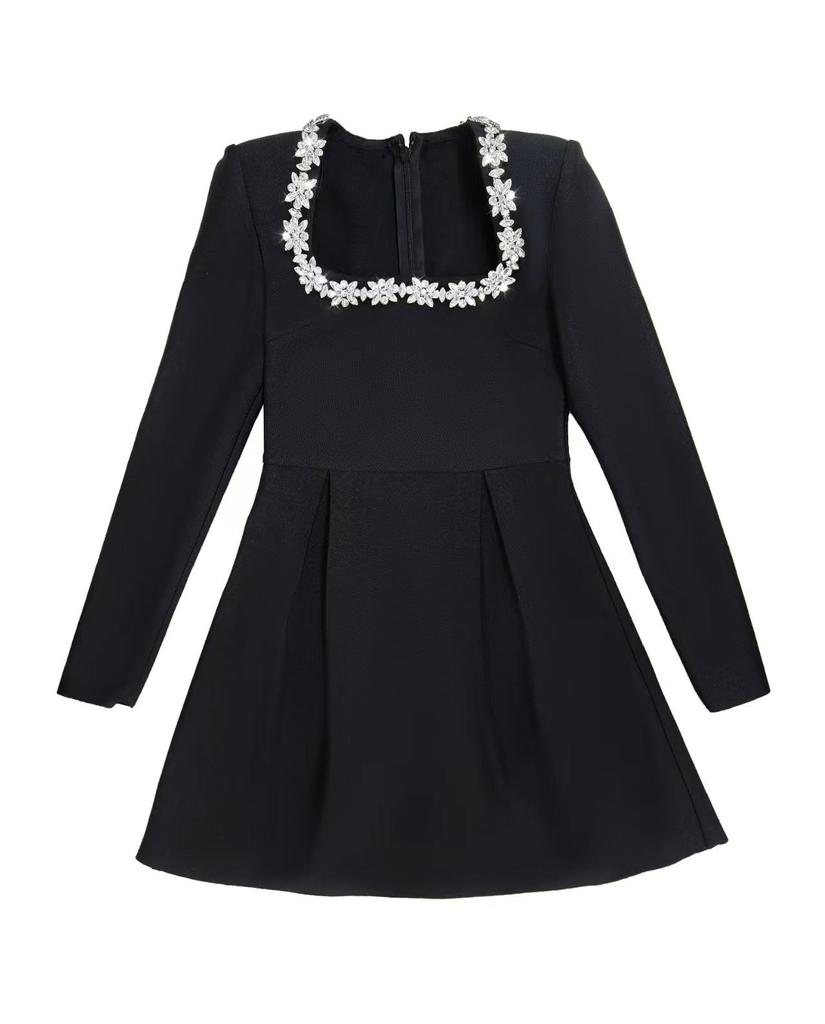 Elegant Rhinestone Square Neck Long Sleeve Bandage Dress for Women