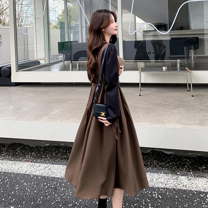 Khaki Faux Two-Piece Spliced A-Line Dress - Women's Mid-Length Spring 2025 French Sweet Style Pinafore Dress