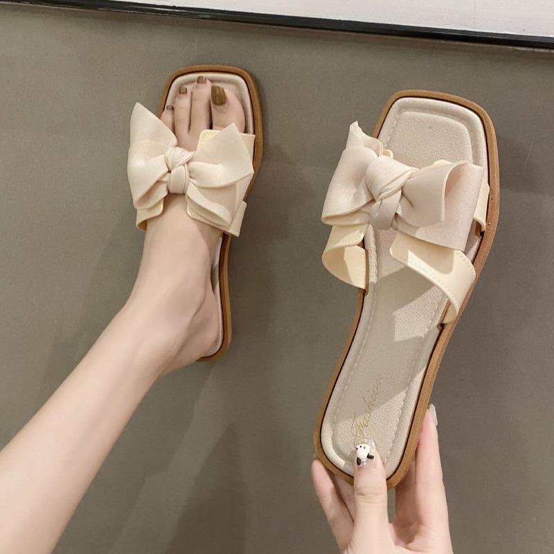 Trendy Square Toe Bowknot Low Heel Outdoor Women's Summer Slippers with Non-Slip Soft Sole
