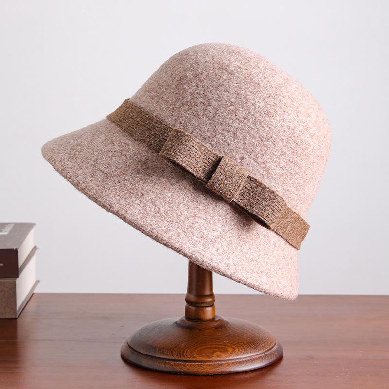 Vintage and Elegant 100% Wool Bow Top Hat for Women's Autumn and Winter New High-quality Warm Fisherman Hat Basin Hat
