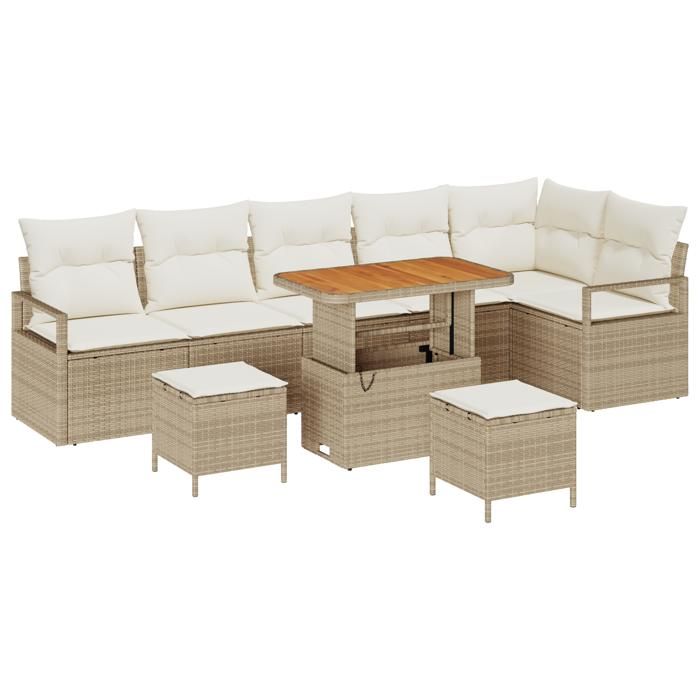 Ensemble de canapé de jardin vidaXL 9 pièces avec coussins beige en poly rotin acacia, Canapé de jardin 2 places 3364496
