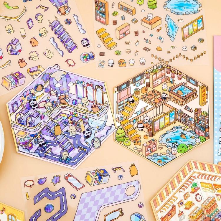 Fun 3D Miniature Scene Sticker Cartoon 3D Scenery Sticker Scrapbooking Sticker for Journal Phone Covers Water Bottle