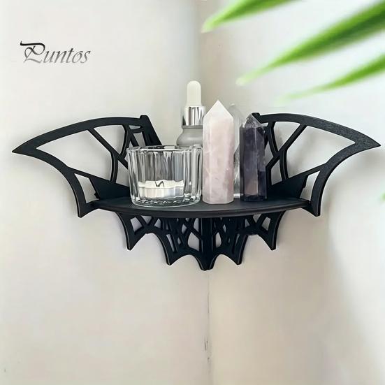 Wall Mounted Organizer Halloween Bat Corner Shelf, Decorative Wooden Mount Display Spooky Room Accessories Spiderweb Design Gothic Floating