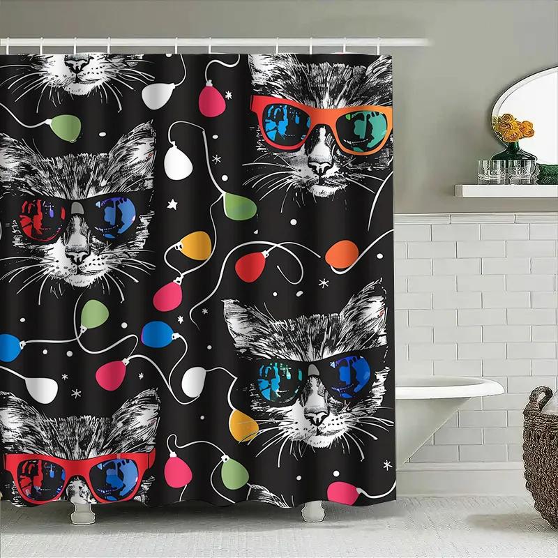 Black Shower Curtain with Funny Cat Design Waterproof Bathroom Decoration, Perfect for Home Decor (36x72 inches)