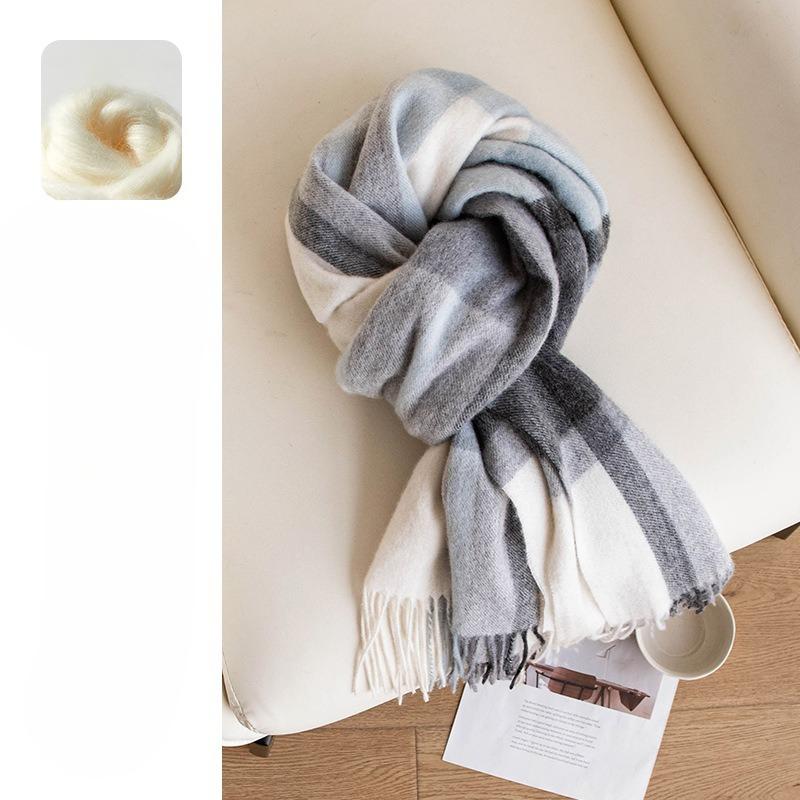 Pure Wool Scarf Women's Autumn and Winter New Versatile Warm Scarf Blue and Gray Large Plaid Shawl