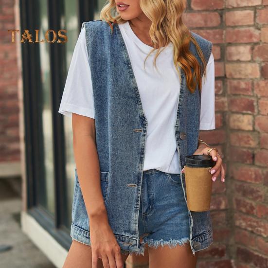 Dame dongerivest V-hals Ermeløse patchlommer Enkeltspent cardigan Ensfarget Uformell Ermeløs Streetwear damevest