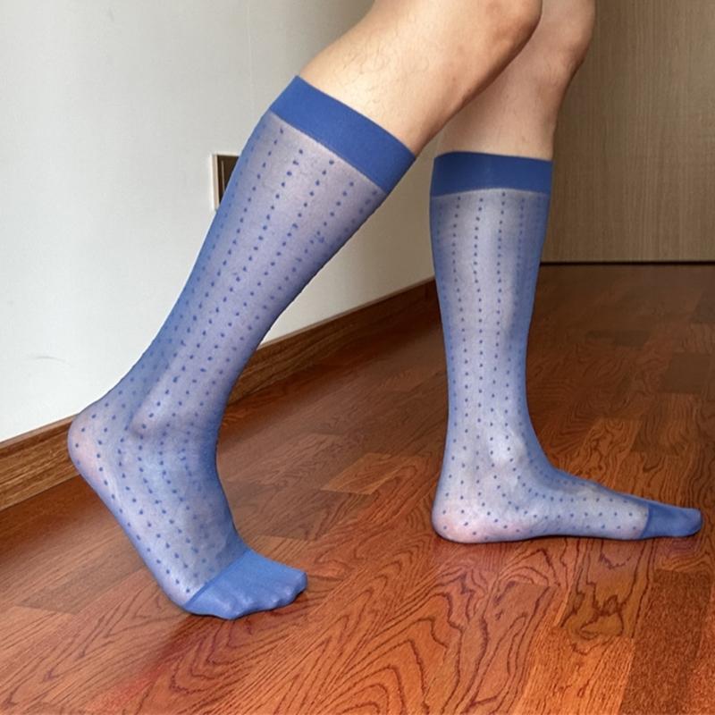 Men's Fashionable Sheer Over the Calf Long Socks Breathable See Through Dot Pattern Dress Suit Socks for Business Wear